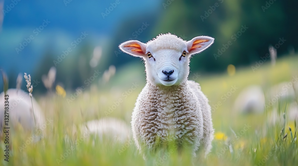 Cute fluffy sheep standing in a green meadow with flowers and soft sunlight : Generative AI Cute fluffy sheep standing in a green meadow with flowers and soft sunlight : Generative AI
