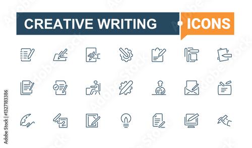 Creative Writing icons set in linear style. Contain linear sign art, text, note, read, author, ink and more. Writing and Literature simple icon. Minimalist vector collections. Editable stroke.