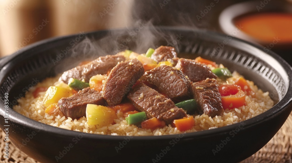 A close-up shot of a steaming bowl of beef rice, featuring juicy beef slices over fragrant jasmine rice, with colorful vegetables adding a vibrant touch. A close-up shot of a steaming bowl of beef rice, featuring juicy beef slices over fragrant jasmine rice, with colorful vegetables adding a vibrant touch.