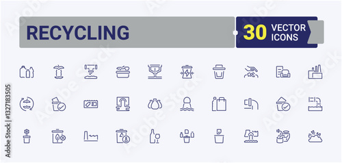 Recycling modern icons set. Contains outline symbols like use, zero, garbage, planet, waste, ecology, cycle, compost. Zero Wasting icon set. Icons for design. Minimal icon pack.
