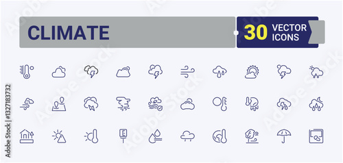 Climate icons set. Containing meteorology, snowflake, drop, season, thermometer, snow and more. Weather icon pack. Vector icon and illustration.