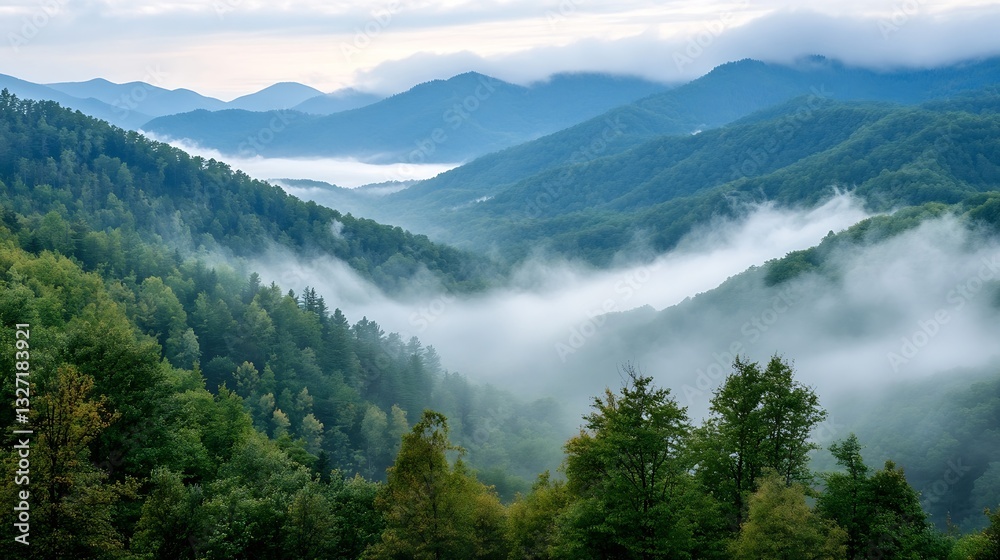 Fototapeta premium Misty mountain landscape with lush green trees and rolling hills creating a serene atmosphere : Generative AI