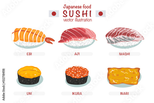 Set of different types of sushi vector illustration. Delicious food. Popular Japanese food. Nigiri sushi. Raw fish on rice. Recipe. Cooking. Menu. Restaurant. For food design, poster and background.
