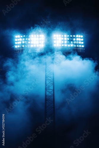 Towering stadium lights pierce the night sky illuminating a smoky haze creating a dramatic and cinematic mood with a low angle perspective