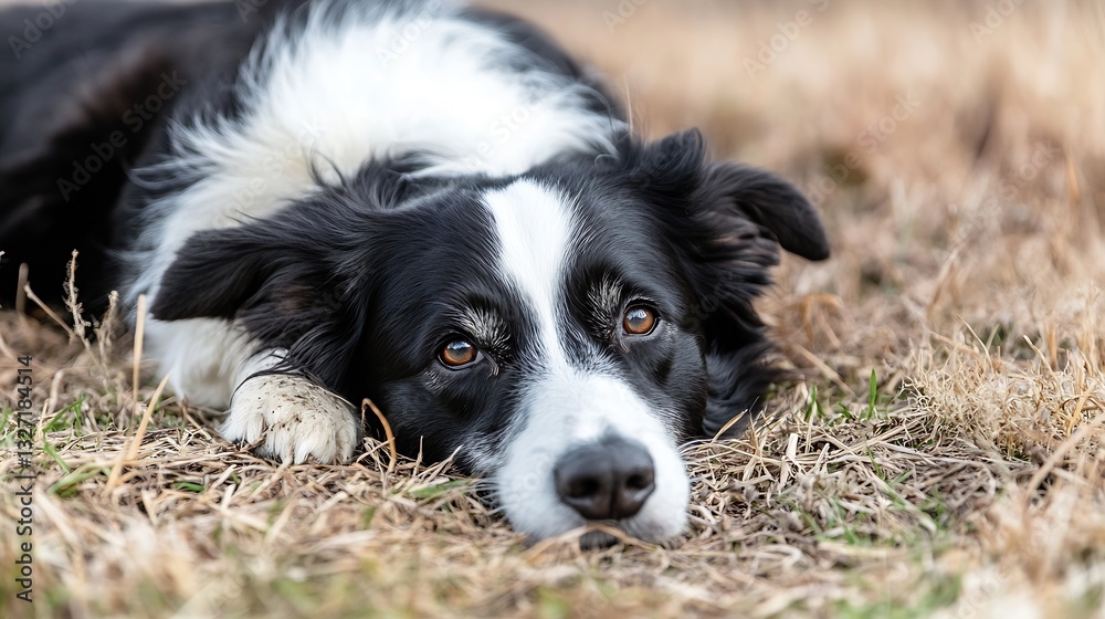 Beautiful close up of a sad Border Collie resting on the grass with soulful eyes showcasing emotions : Generative AI Beautiful close up of a sad Border Collie resting on the grass with soulful eyes showcasing emotions : Generative AI
