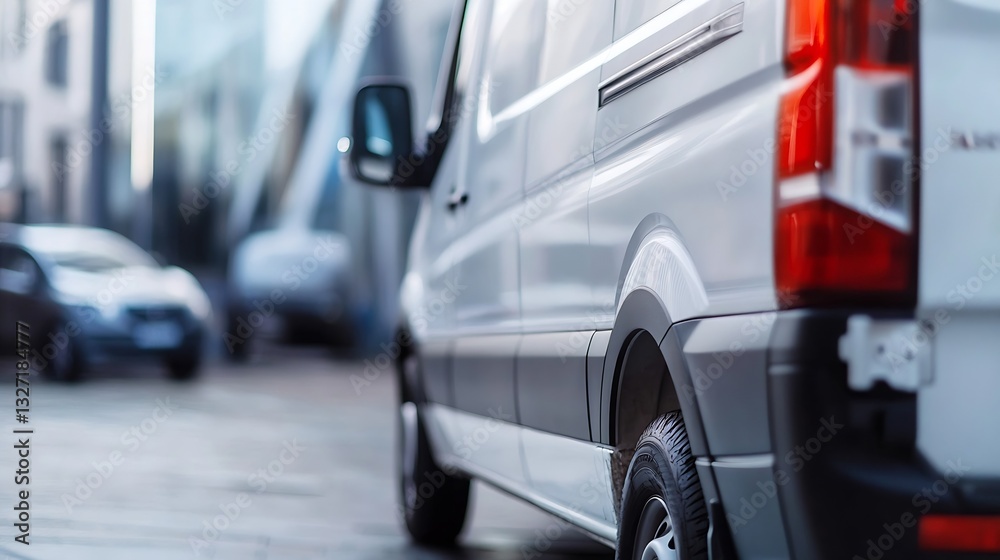 Close up view of a modern white delivery van parked on a city street showcasing its sleek design : Generative AI Close up view of a modern white delivery van parked on a city street showcasing its sleek design : Generative AI