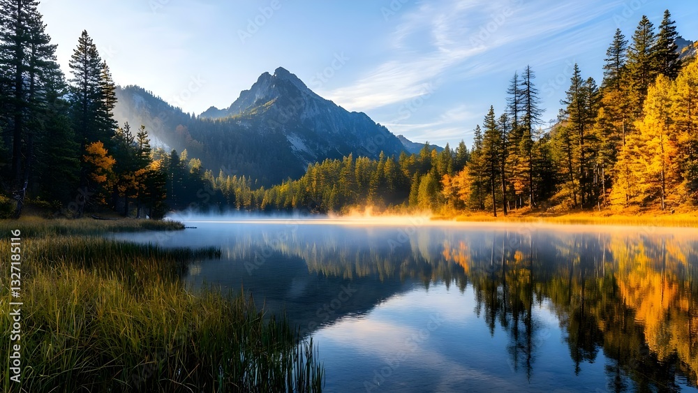 A serene landscape featuring a mountain, calm lake, and vibrant autumn foliage reflecting in the water under a clear sky. Concept Serene Mountain Landscape, Calm Lake Reflection A serene landscape featuring a mountain, calm lake, and vibrant autumn foliage reflecting in the water under a clear sky. Concept Serene Mountain Landscape, Calm Lake Reflection