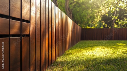 Modern wooden fence bordering a garden with green grass and soft sunlight photo