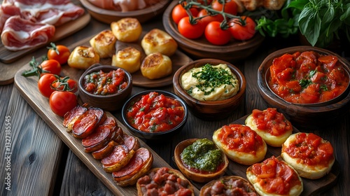 A close-up view of a rustic wooden table filled with an array of colorful tapas, fresh tomatoes, and herbs, inviting a feast that delights the senses.