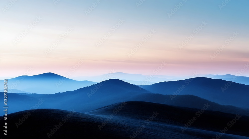 Stunning View of Misty Mountains at Dusk with Soft Pastel Colors on the Horizon : Generative AI
