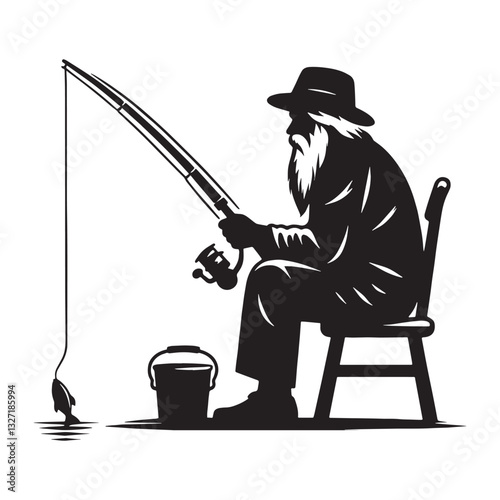 Quiet Pursuit Oldman Fishing silhouette, finding purpose in the stillness - Fishing illustration - Minimalist Oldman Fishing vector - Patient fisherman
