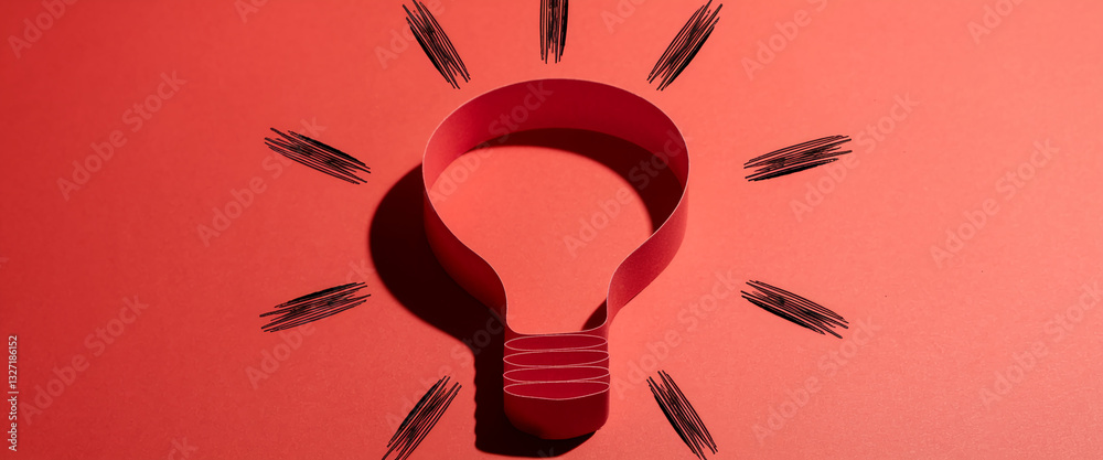 Fototapeta premium Red paper lightbulb shape on red background, surrounded by drawn rays, symbolizing idea, innovation, creativity, and inspiration, perfect for business or education concepts