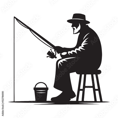 Flowing Time Oldman Fishing silhouette, letting the river and memories drift - Fishing illustration - Minimalist Oldman Fishing vector - Tranquil fisherman
