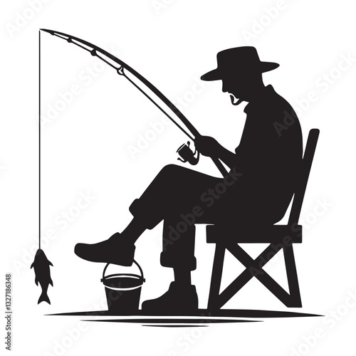 Lone Fisherman Oldman Fishing silhouette, casting lines into endless waters - Fishing illustration - Minimalist Oldman Fishing vector - Isolated angler
