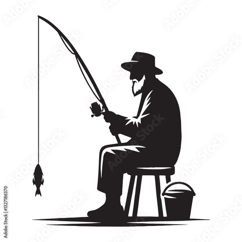 Dockside Dreamer Oldman Fishing silhouette, lost in thoughts of the past - Fishing illustration - Minimalist Oldman Fishing vector - Contemplative fisherman
