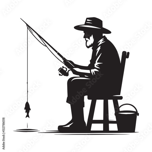 Aging Adventurer Oldman Fishing silhouette, still chasing the thrill of the catch - Fishing illustration - Minimalist Oldman Fishing vector - Passionate fisherman

