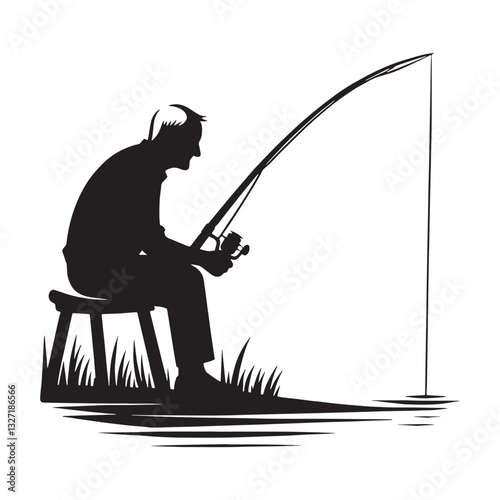 Hooked on Life Oldman Fishing silhouette, finding joy in simple moments - Fishing illustration - Minimalist Oldman Fishing vector - Lifelong angler
