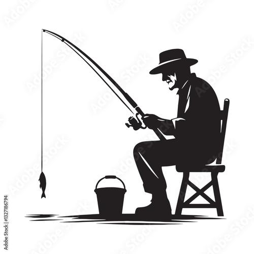 Seasoned Angler Oldman Fishing silhouette, mastering the art of patience - Fishing illustration - Minimalist Oldman Fishing vector - Skilled fisherman
