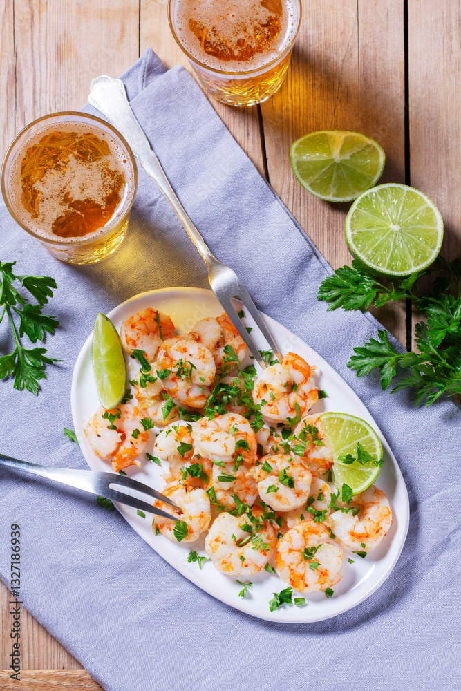 Shrimp cooked with garlic and herbs, served with beer and lime on a wooden table.