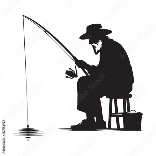 Patience in Motion Oldman Fishing silhouette, waiting for the perfect catch - Fishing illustration - Minimalist Oldman Fishing vector - Timeless fisherman
