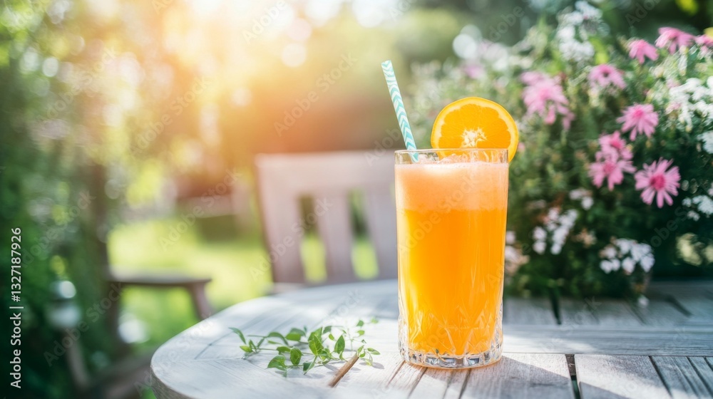 Fototapeta premium A glass of orange juice on a sunny patio table, surrounded by flowers and green foliage, creating a bright and cheerful outdoor drinking experience.