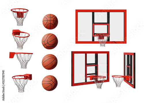  Basketball set of balls and hoops from a different angle on transparent background, 3D rendered illustration