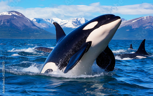 Majestic Orcas Breaching in Alaskan Waters – Stunning Wildlife Photography photo