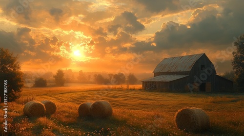 Golden hour countryside scene with a rustic barn and haystacks in the field. Generative AI