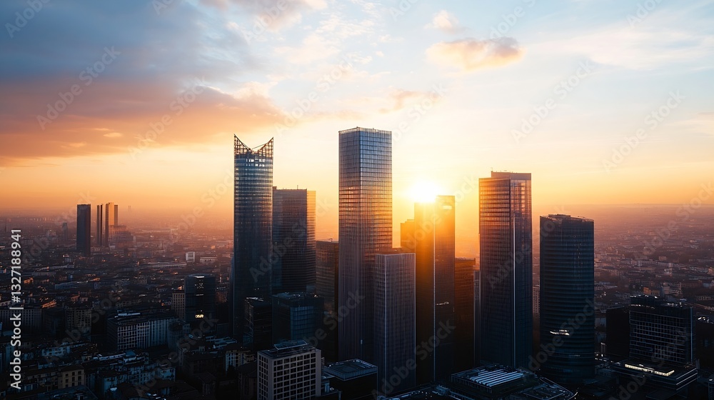 Obraz premium Stunning sunset over a bustling city skyline with towering skyscrapers reflecting the warm golden light of dusk : Generative AI