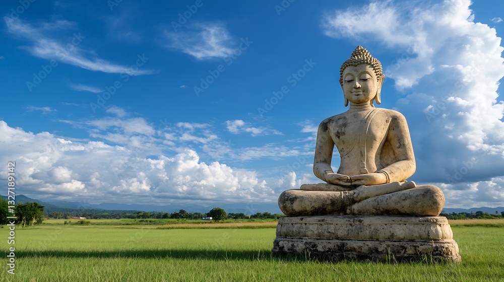 Serene Buddha Statue Surrounded by Lush Green Rice Fields Under Dramatic Blue Sky : Generative AI Serene Buddha Statue Surrounded by Lush Green Rice Fields Under Dramatic Blue Sky : Generative AI