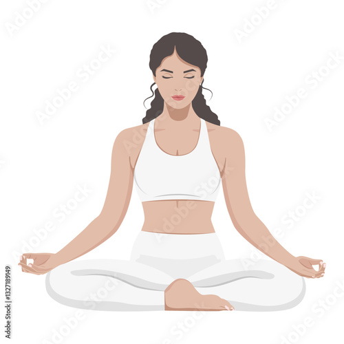 Yoga girl sitting in lotus position in meditation isolated. Vector illustration.