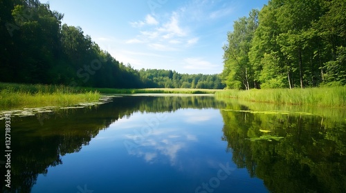 Idyllic serene lake reflecting lush greenery under a clear blue sky surrounded by trees : Generative AI