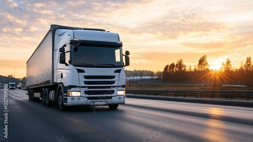 White Truck Driving on Highway at Sunset with Beautiful Sky : Generative AI