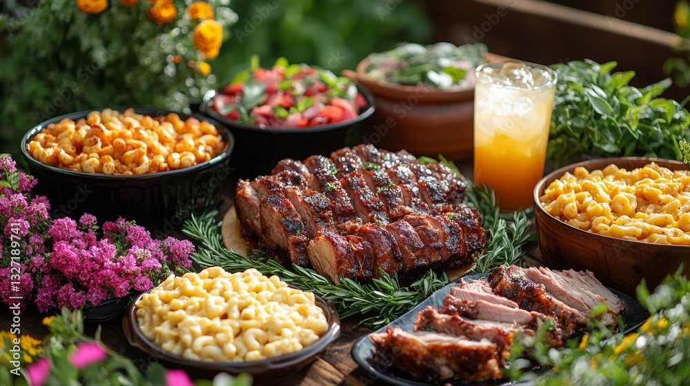 Obraz premium Celebratory BBQ Feast with Pulled Pork Mac and Cheese and Fresh Flowers. Generative AI