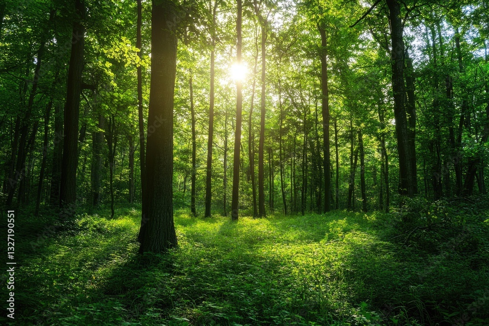 Naklejka premium A sunny day in a forest with sunlight filtering through the trees