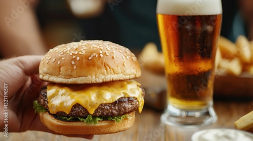 Burger organic beer pairing. Juicy cheeseburger with fries and beer in a cozy setting.