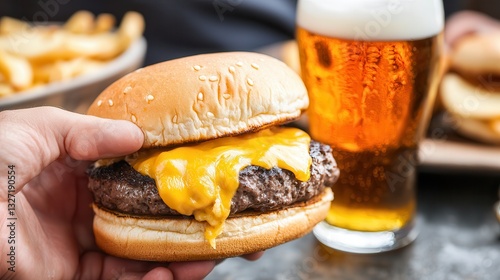 Burger organic beer pairing. Juicy cheeseburger with beer and fries in the background.