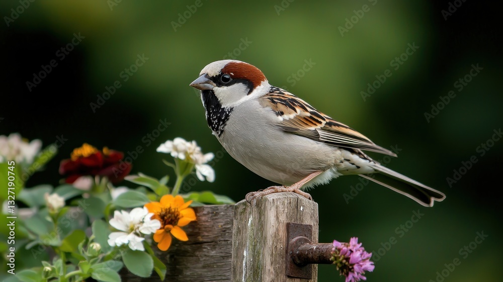 Eurasian Tree Sparrow perched on wooden post amidst colorful flowers Eurasian Tree Sparrow perched on wooden post amidst colorful flowers