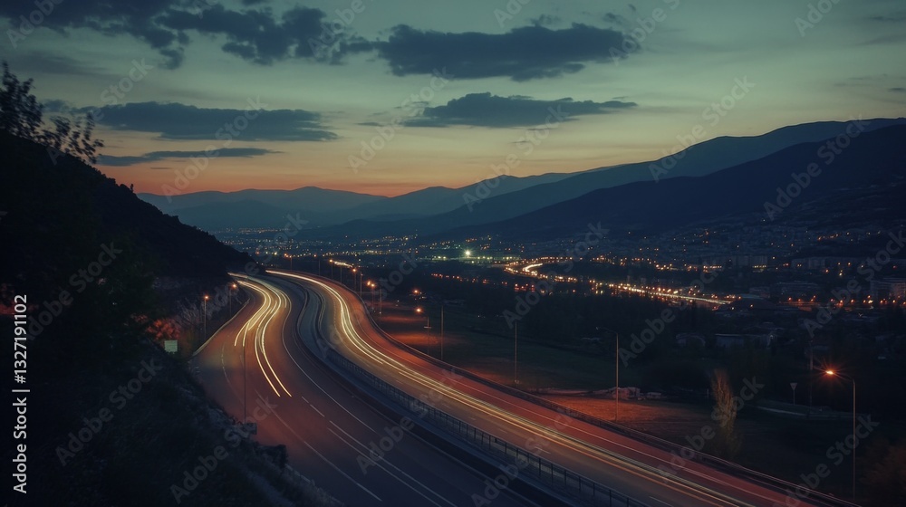 Fototapeta premium A quiet highway at night, illuminated by rows of streetlights, with the soft glow of the lights reflecting on the road and surrounding landscape.