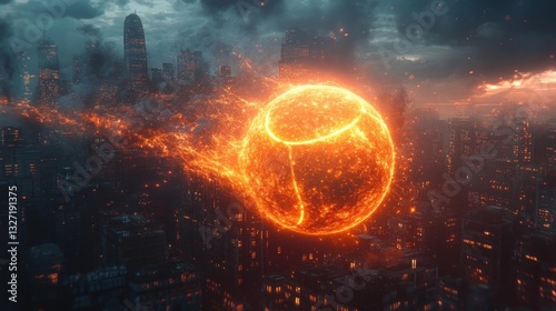 Futuristic city skyline with a fiery glowing tennis ball in the sky creating a dynamic and intense atmosphere. Generative AI