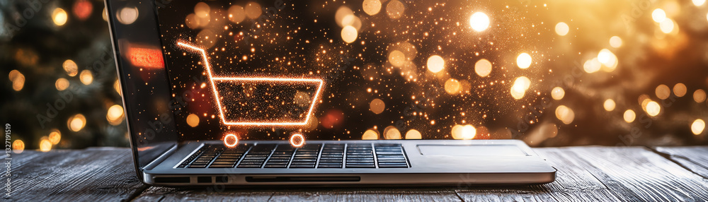 Obraz premium Laptop with glowing shopping cart icon.
