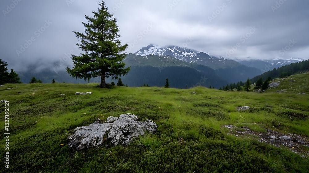 Fototapeta premium Stunning Green Landscape Surrounded by Majestic Mountains Under a Cloudy Sky : Generative AI