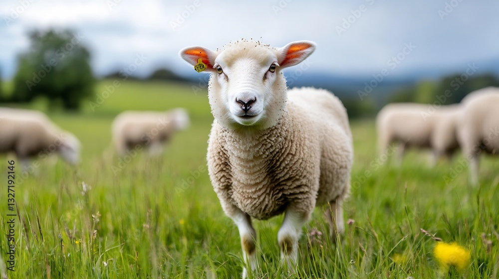 Adorable sheep standing in a lush green meadow under a cloudy sky captivating rural landscape : Generative AI Adorable sheep standing in a lush green meadow under a cloudy sky captivating rural landscape : Generative AI