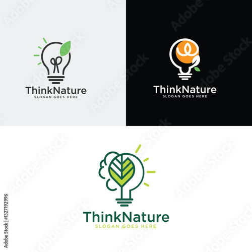 Think Nature Logo Design with Green Leaves and Creative Light Bulb Concepts