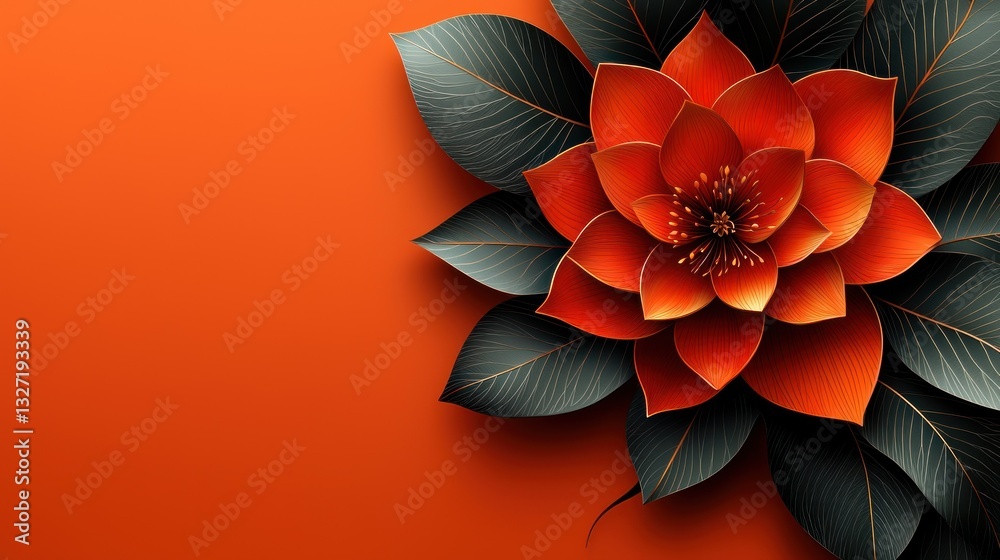 Fototapeta premium Orange paper flower with dark leaves on orange background.