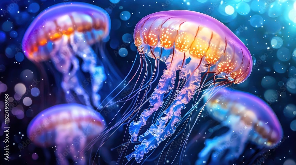 Naklejka premium Mesmerizing Jellyfish Underwater Scene: A Symphony of Colors and Grace