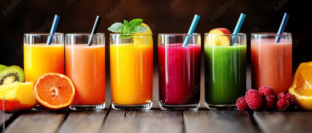 Colorful fruit smoothies in glass cups. Colorful fruit smoothies in glass cups.