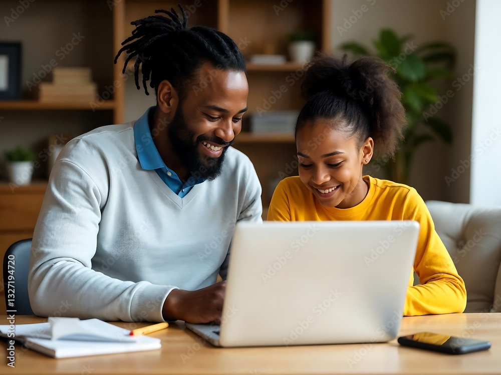 Cheerful African American Couple Working on Laptop in Cozy Home Office with Warm Lighting and Casual Attire Cheerful African American Couple Working on Laptop in Cozy Home Office with Warm Lighting and Casual Attire