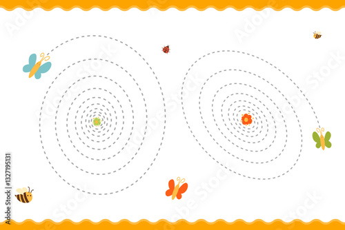 Tracing lines, handwriting practice, worksheet for kids. Colorful butterflies and bees hover around flowers in a playful illustration. designed with dashed spiral flight.