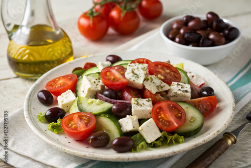 Mediterranean Inspired Greek Salad with Juicy Tomatoes and Fresh Ingredients for Health photo